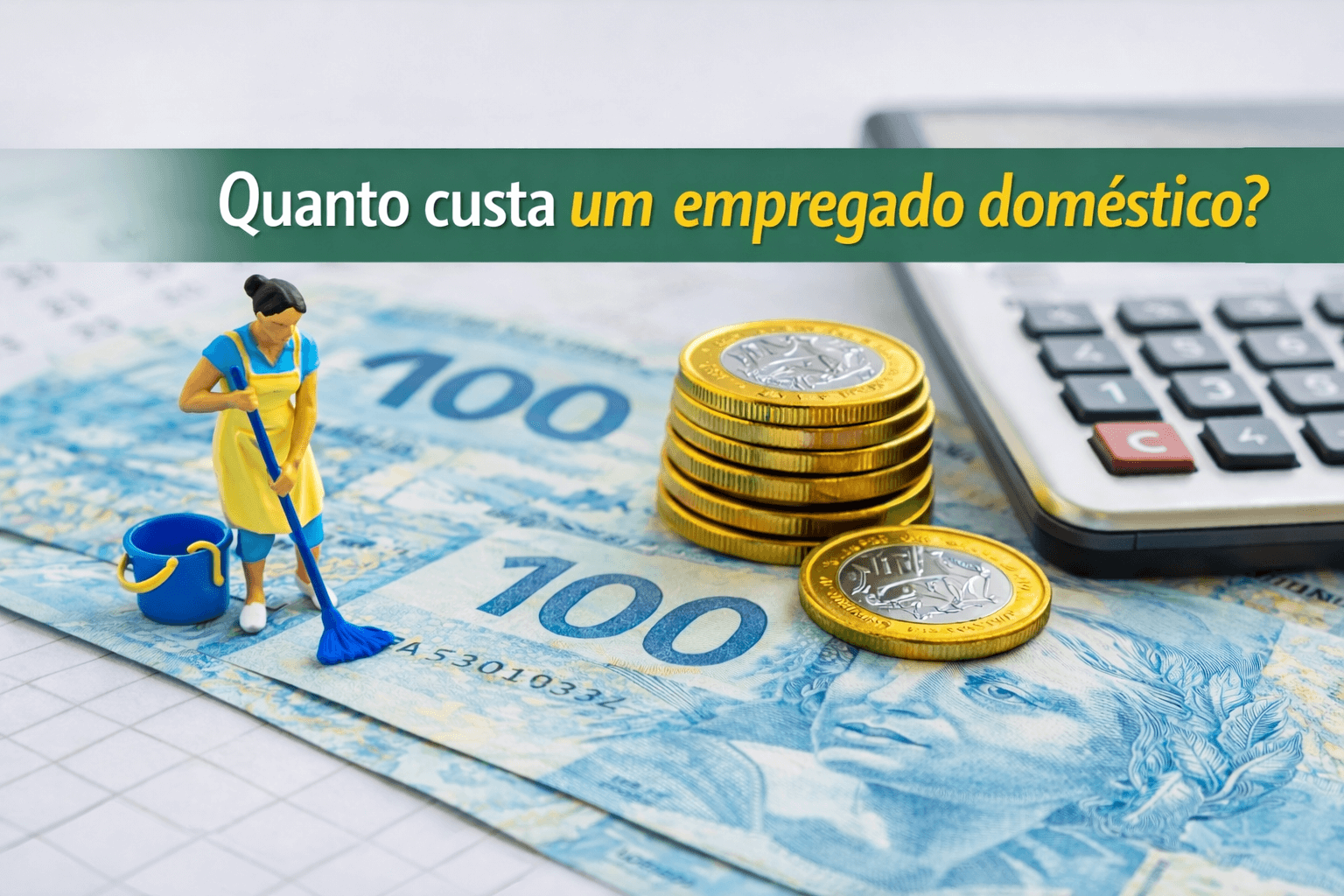 Quanto custa um empregado doméstico: imagem ilustrativa com notas de dinheiro, moedas e calculadora, representando salário, impostos e encargos no custo real da contratação.