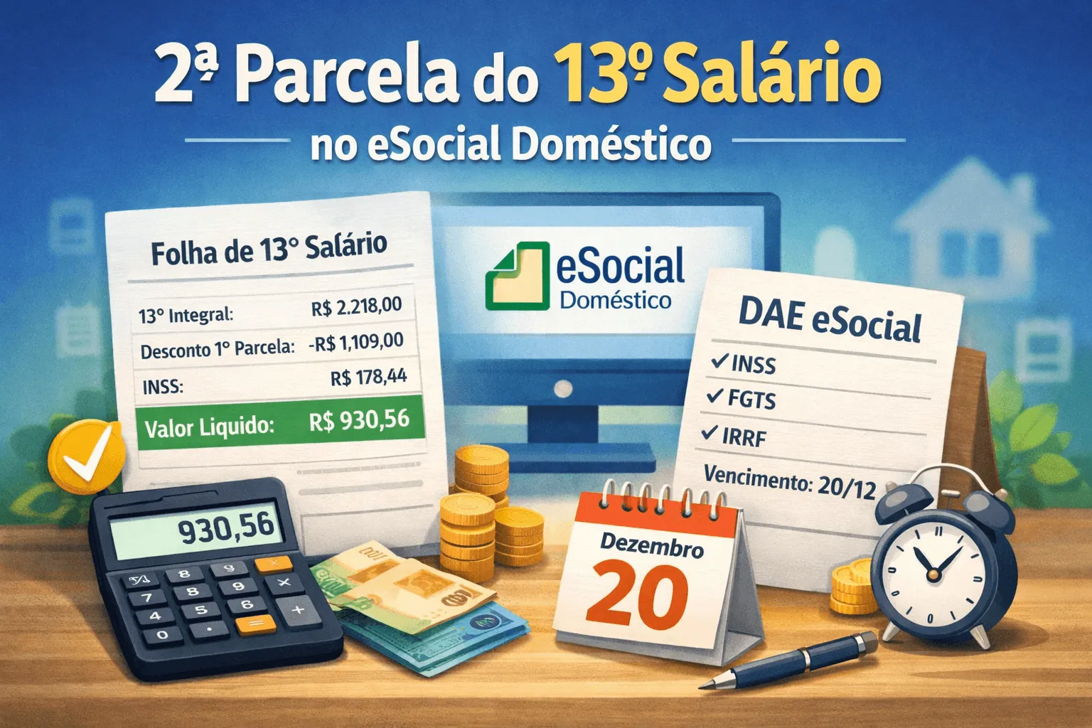 2ª parcela do 13º salário doméstico: folha exclusiva, INSS e DAE separada