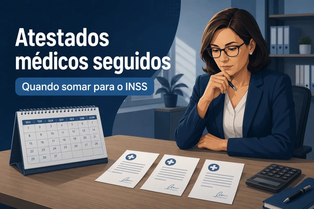 Atestados médicos seguidos: profissional de RH analisando atestados, calendário e calculadora.