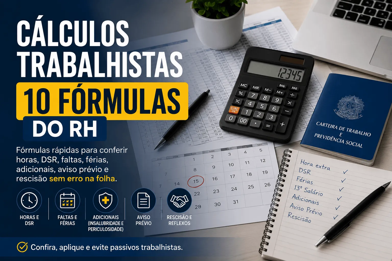 Cálculos trabalhistas com calculadora, planilha e checklist de fórmulas do RH para conferir a folha de pagamento.