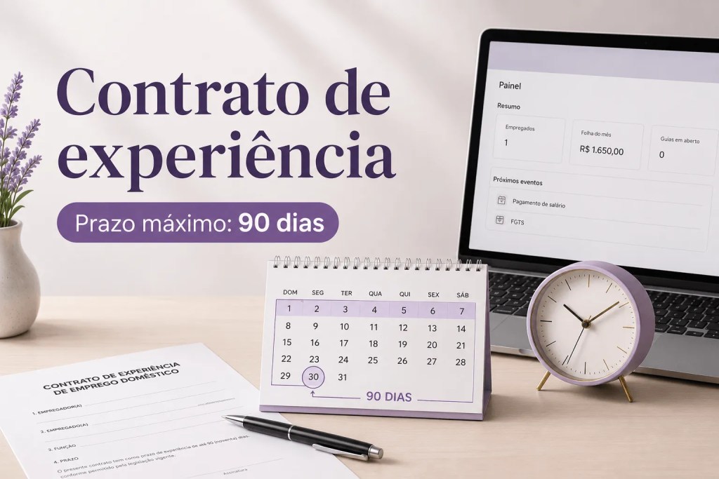 Contrato de experiência da empregada doméstica com calendário de 90 dias, documento, relógio e tela do eSocial Doméstico.