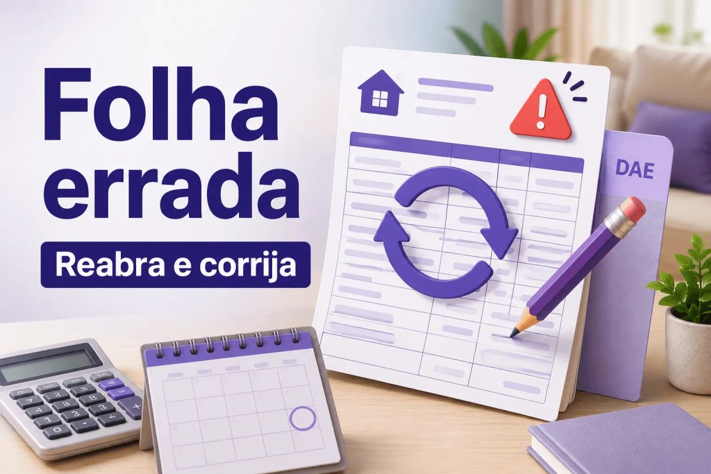 Folha errada no eSocial Doméstico com alerta e setas indicando reabertura e correção da competência.