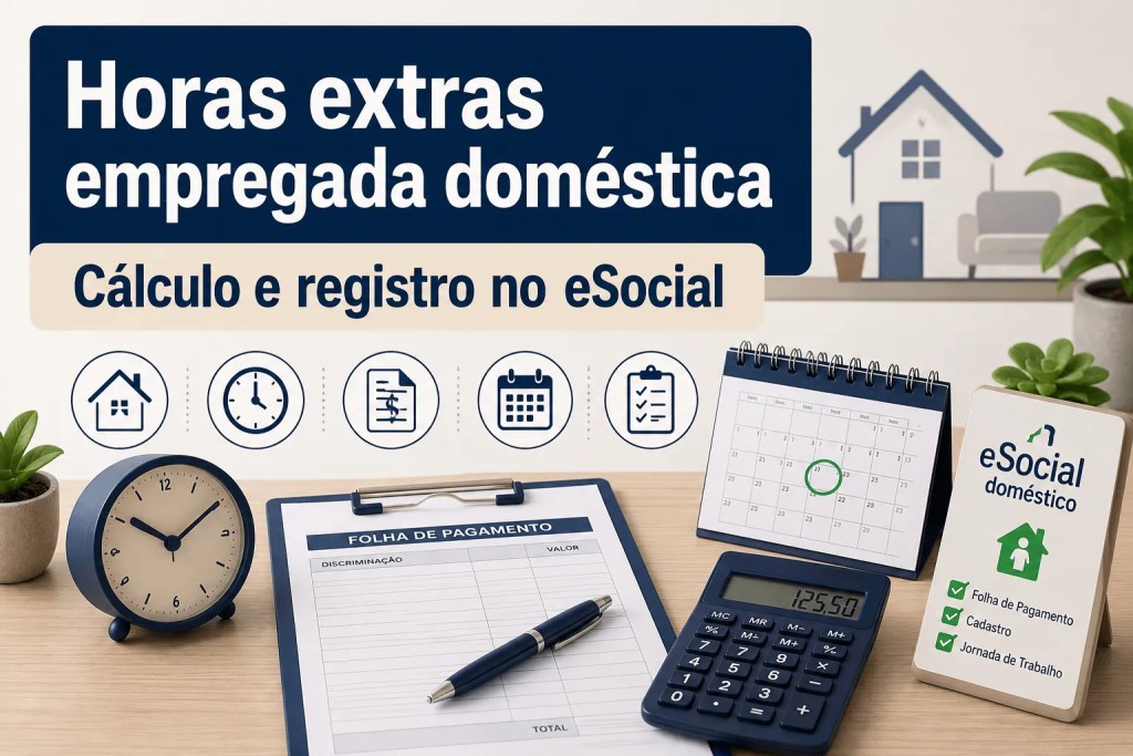 Horas extras da empregada doméstica: cálculo, DSR, registro no eSocial Doméstico e conferência da folha de pagamento.